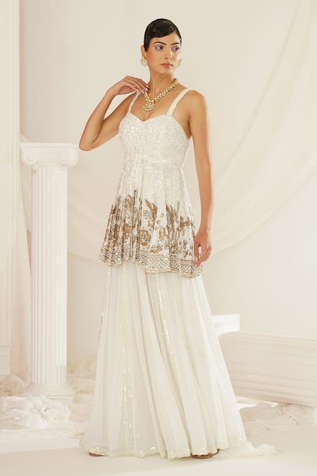 Shop Kapda Dori White Georgette Embroidery, Sequins, Stones Tonal Peplum Tunic Sharara Set Online at Aza Fashions Shop_Kapda Dori_White Georgette Embroidery, Sequins, Stones Tonal Peplum Tunic Sharara Set _Online_at_Aza_Fashions