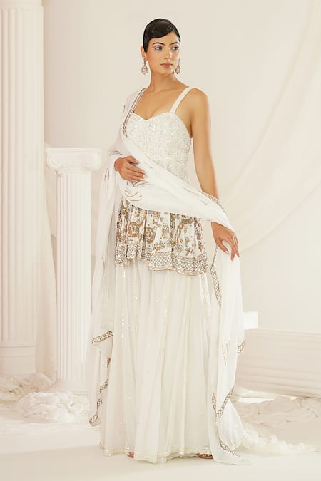 Buy Kapda Dori White Georgette Embroidery, Sequins, Stones Tonal Peplum Tunic Sharara Set Buy_Kapda Dori_White Georgette Embroidery, Sequins, Stones Tonal Peplum Tunic Sharara Set
