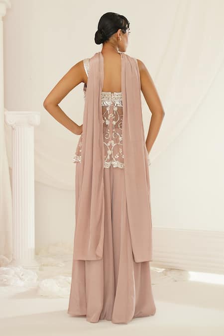 Shop_Kapda Dori_Pink Net, Satin, Chiffon Pearls, Hand Embroidered Peplum Tunic And Sharara Set _at_Aza_Fashions