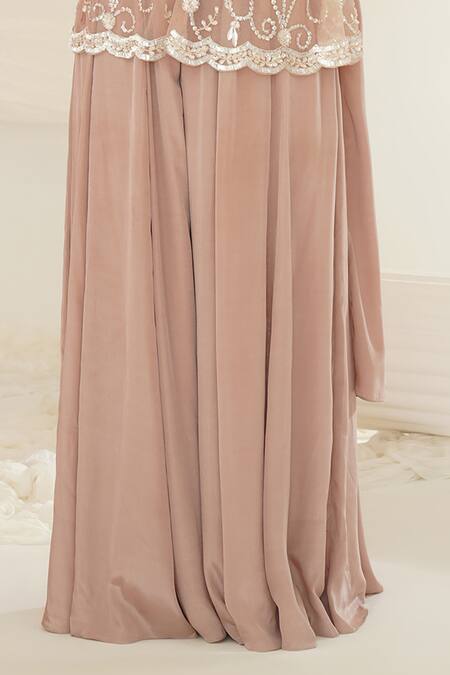 Kapda Dori_Pink Net, Satin, Chiffon Pearls, Hand Embroidered Peplum Tunic And Sharara Set _Online_at_Aza_Fashions