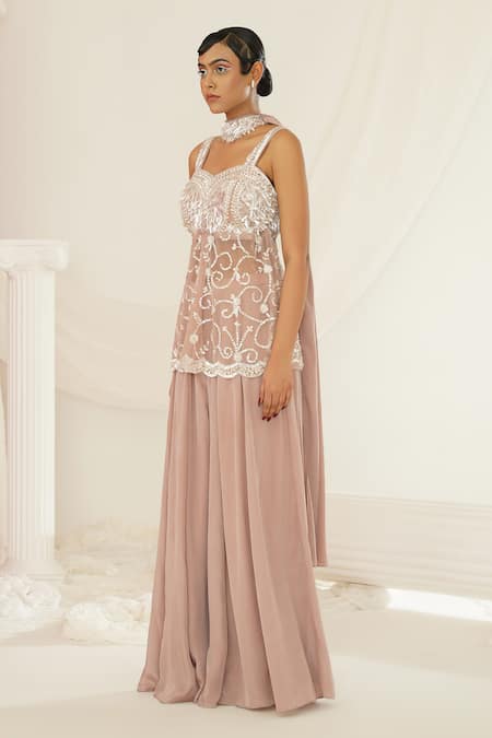 Buy_Kapda Dori_Pink Net, Satin, Chiffon Pearls, Hand Embroidered Peplum Tunic And Sharara Set _Online_at_Aza_Fashions