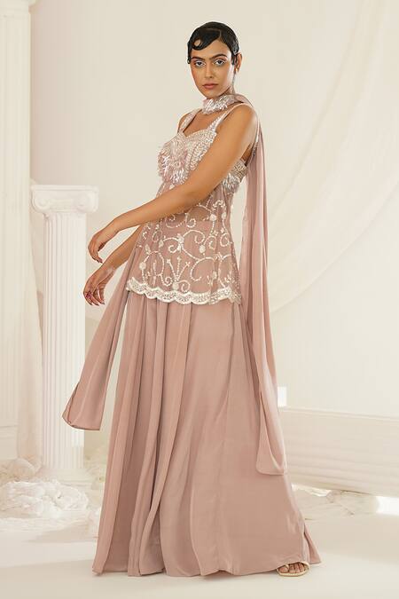 Shop_Kapda Dori_Pink Net, Satin, Chiffon Pearls, Hand Embroidered Peplum Tunic And Sharara Set _Online_at_Aza_Fashions