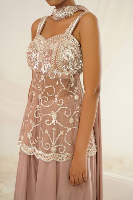 Buy_Kapda Dori_Pink Net, Satin, Chiffon Pearls, Hand Embroidered Peplum Tunic And Sharara Set 