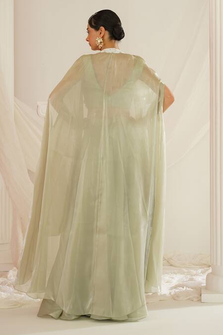 Kapda Dori Green Organza Pearls, Sequins, Cut Work, Embroidery, Floral Cape Sharara Set Online at Aza Fashions Kapda Dori_Green Organza Pearls, Sequins, Cut Work, Embroidery, Floral Cape Sharara Set _Online_at_Aza_Fashions