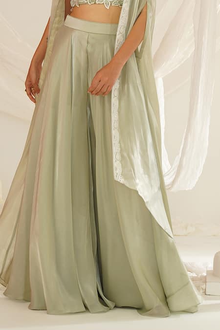 Buy Kapda Dori Green Organza Pearls, Sequins, Cut Work, Embroidery, Floral Cape Sharara Set Online at Aza Fashions Buy_Kapda Dori_Green Organza Pearls, Sequins, Cut Work, Embroidery, Floral Cape Sharara Set _Online_at_Aza_Fashions