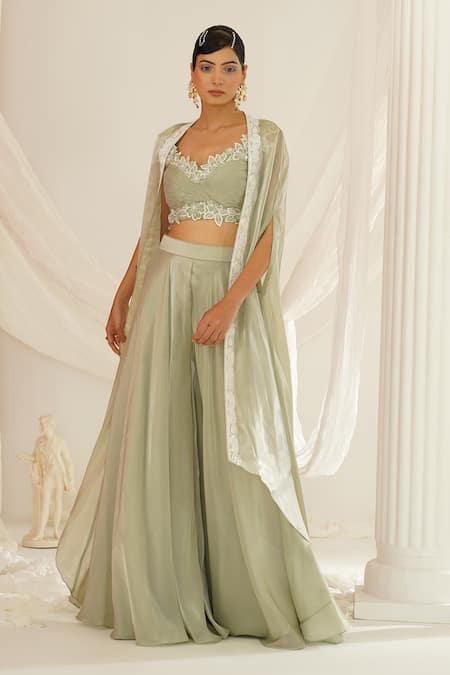 Shop Kapda Dori Green Organza Pearls, Sequins, Cut Work, Embroidery, Floral Cape Sharara Set Online at Aza Fashions Shop_Kapda Dori_Green Organza Pearls, Sequins, Cut Work, Embroidery, Floral Cape Sharara Set _Online_at_Aza_Fashions