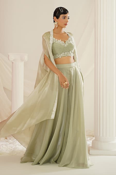 Kapda Dori Green Organza Pearls, Sequins, Cut Work, Embroidery, Floral Cape Sharara Set at Aza Fashions Kapda Dori_Green Organza Pearls, Sequins, Cut Work, Embroidery, Floral Cape Sharara Set _at_Aza_Fashions