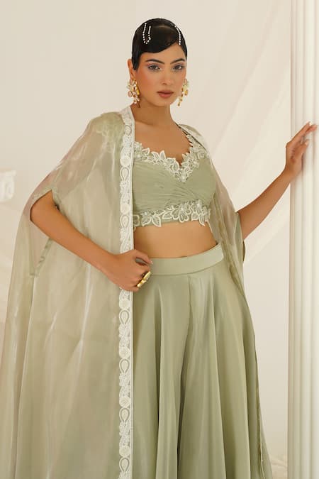 Buy Kapda Dori Green Organza Pearls, Sequins, Cut Work, Embroidery, Floral Cape Sharara Set Buy_Kapda Dori_Green Organza Pearls, Sequins, Cut Work, Embroidery, Floral Cape Sharara Set