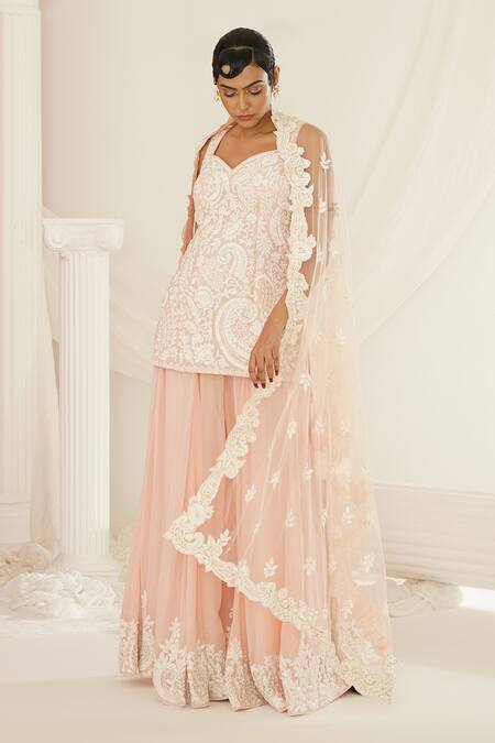 Shop Kapda Dori Pink Georgette, Net Cut Work, Embroidery, Crystals Floral Hand Kurta Set Online at Aza Fashions Shop_Kapda Dori_Pink Georgette, Net Cut Work, Embroidery, Crystals Floral Hand Kurta Set _Online_at_Aza_Fashions