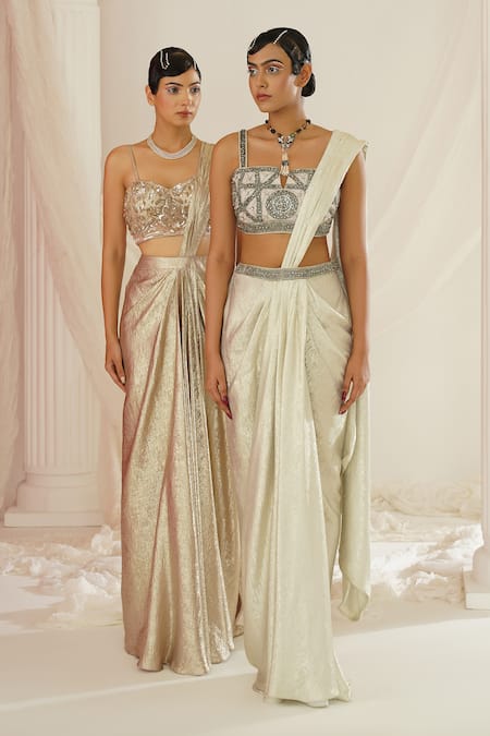Buy Kapda Dori Gray Net, Georgette Sequins, Stones, Geometric Hand Embroidered Pre-draped Saree Online at Aza Fashions Buy_Kapda Dori_Gray Net, Georgette Sequins, Stones, Geometric Hand Embroidered Pre-draped Saree _Online_at_Aza_Fashions