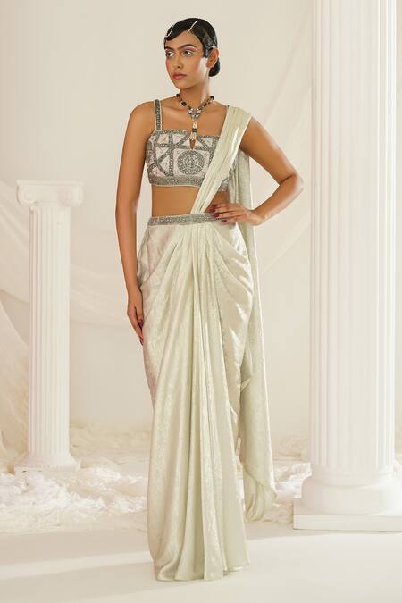 Shop Kapda Dori Gray Net, Georgette Sequins, Stones, Geometric Hand Embroidered Pre-draped Saree Online at Aza Fashions Shop_Kapda Dori_Gray Net, Georgette Sequins, Stones, Geometric Hand Embroidered Pre-draped Saree _Online_at_Aza_Fashions