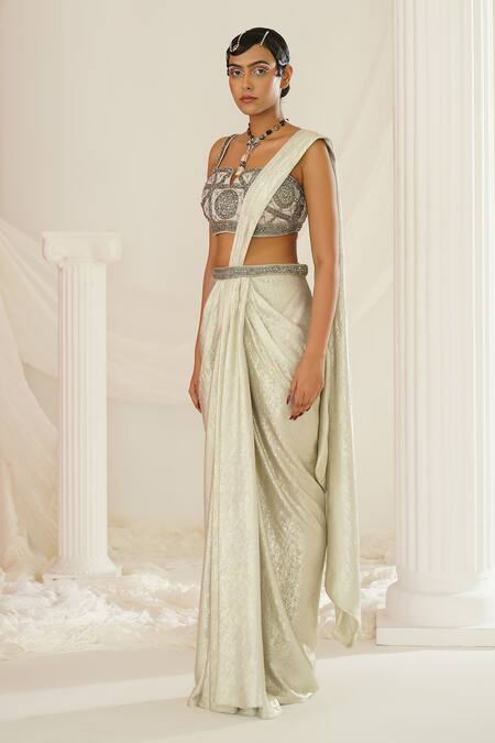 Kapda Dori Gray Net, Georgette Sequins, Stones, Geometric Hand Embroidered Pre-draped Saree at Aza Fashions Kapda Dori_Gray Net, Georgette Sequins, Stones, Geometric Hand Embroidered Pre-draped Saree _at_Aza_Fashions