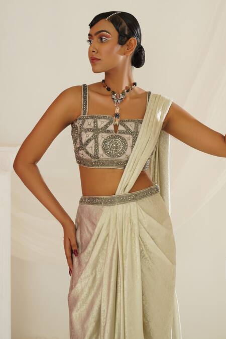 Buy Kapda Dori Gray Net, Georgette Sequins, Stones, Geometric Hand Embroidered Pre-draped Saree Buy_Kapda Dori_Gray Net, Georgette Sequins, Stones, Geometric Hand Embroidered Pre-draped Saree