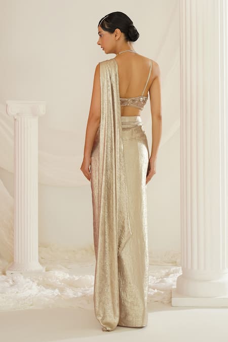 Kapda Dori Gold Net, Satin Cut Work, Sequins, Stones Hand Embroidered Pre-draped Saree Online at Aza Fashions Kapda Dori_Gold Net, Satin Cut Work, Sequins, Stones Hand Embroidered Pre-draped Saree _Online_at_Aza_Fashions