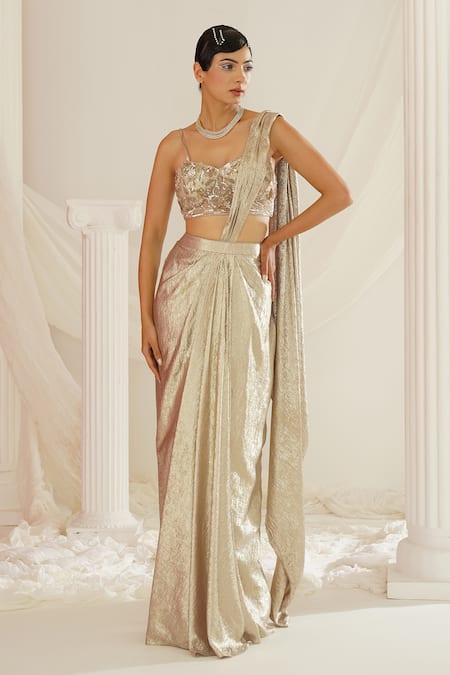 Buy Kapda Dori Gold Net, Satin Cut Work, Sequins, Stones Hand Embroidered Pre-draped Saree Online at Aza Fashions Buy_Kapda Dori_Gold Net, Satin Cut Work, Sequins, Stones Hand Embroidered Pre-draped Saree _Online_at_Aza_Fashions