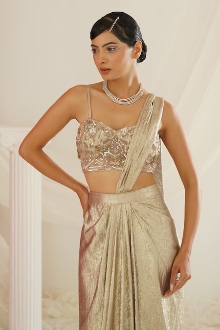 Shop Kapda Dori Gold Net, Satin Cut Work, Sequins, Stones Hand Embroidered Pre-draped Saree Online at Aza Fashions Shop_Kapda Dori_Gold Net, Satin Cut Work, Sequins, Stones Hand Embroidered Pre-draped Saree _Online_at_Aza_Fashions