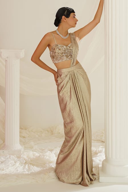 Buy Kapda Dori Gold Net, Satin Cut Work, Sequins, Stones Hand Embroidered Pre-draped Saree Buy_Kapda Dori_Gold Net, Satin Cut Work, Sequins, Stones Hand Embroidered Pre-draped Saree