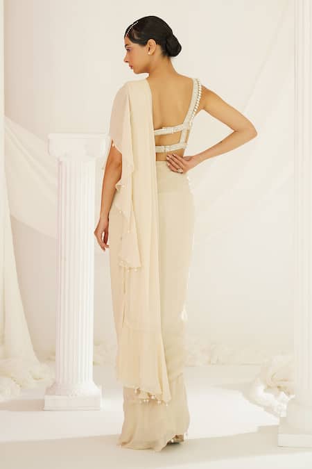 Kapda Dori Ivory Pre-Draped Ruffle Saree Set 