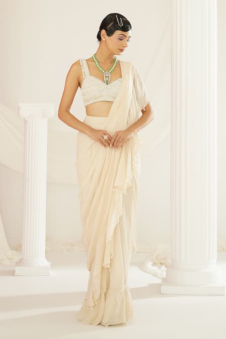 Shop Kapda Dori Ivory Georgette, Silk, Satin Pearls, Sequins Pre-draped Ruffle Saree Set Online at Aza Fashions Shop_Kapda Dori_Ivory Georgette, Silk, Satin Pearls, Sequins Pre-draped Ruffle Saree Set _Online_at_Aza_Fashions