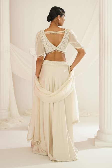 Kapda Dori Ivory Silk, Satin, Organza Pearls, Sequins, Embroidery V-neck Lehenga Set Online at Aza Fashions Kapda Dori_Ivory Silk, Satin, Organza Pearls, Sequins, Embroidery V-neck Lehenga Set _Online_at_Aza_Fashions