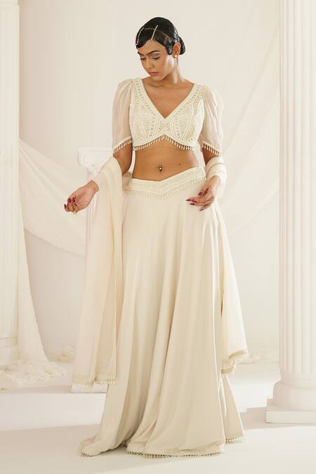 Shop Kapda Dori Ivory Silk, Satin, Organza Pearls, Sequins, Embroidery V-neck Lehenga Set Online at Aza Fashions Shop_Kapda Dori_Ivory Silk, Satin, Organza Pearls, Sequins, Embroidery V-neck Lehenga Set _Online_at_Aza_Fashions