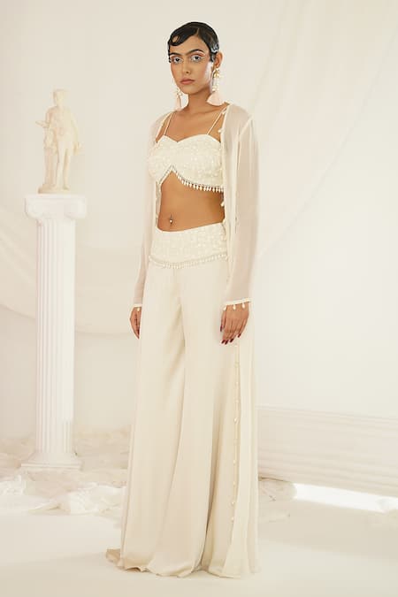 Buy Kapda Dori Ivory Silk, Organza, Satin Pearls, Cut Drop Jacket And Embroidered Palazzo Set Online at Aza Fashions Buy_Kapda Dori_Ivory Silk, Organza, Satin Pearls, Cut Drop Jacket And Embroidered Palazzo Set _Online_at_Aza_Fashions