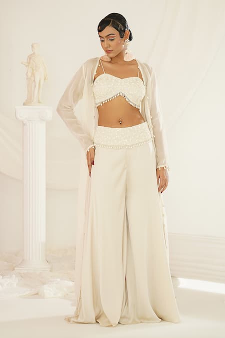 Shop Kapda Dori Ivory Silk, Organza, Satin Pearls, Cut Drop Jacket And Embroidered Palazzo Set Online at Aza Fashions Shop_Kapda Dori_Ivory Silk, Organza, Satin Pearls, Cut Drop Jacket And Embroidered Palazzo Set _Online_at_Aza_Fashions