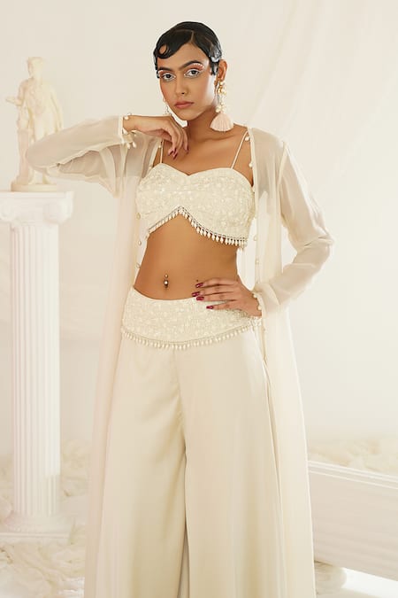 Kapda Dori Ivory Silk, Organza, Satin Pearls, Cut Drop Jacket And Embroidered Palazzo Set at Aza Fashions Kapda Dori_Ivory Silk, Organza, Satin Pearls, Cut Drop Jacket And Embroidered Palazzo Set _at_Aza_Fashions