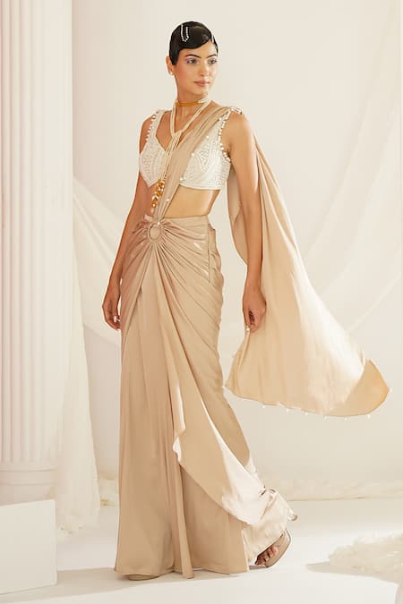 KAPDA DORI Gold Pre-Draped Saree & Embroidered Blouse 