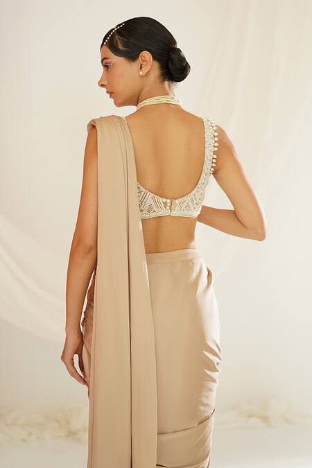 Buy Kapda Dori Ivory Satin, Net, Silk Pearls, Gold Pre-draped Saree And Embroidered Blouse Online at Aza Fashions Buy_Kapda Dori_Ivory Satin, Net, Silk Pearls, Gold Pre-draped Saree And Embroidered Blouse _Online_at_Aza_Fashions