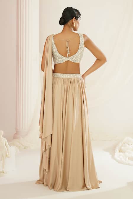 Kapda Dori_Beige Net, Satin Cut Work, Sequins, Stones, Pearls Hand Embroidered Lehenga Set _Online_at_Aza_Fashions