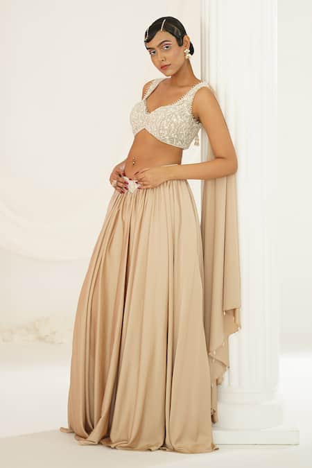 Buy_Kapda Dori_Beige Net, Satin Cut Work, Sequins, Stones, Pearls Hand Embroidered Lehenga Set _Online_at_Aza_Fashions