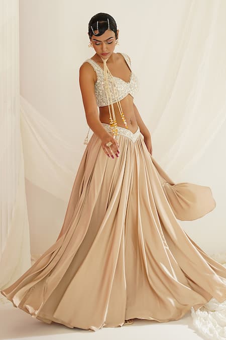 Kapda Dori_Beige Net, Satin Cut Work, Sequins, Stones, Pearls Hand Embroidered Lehenga Set _at_Aza_Fashions