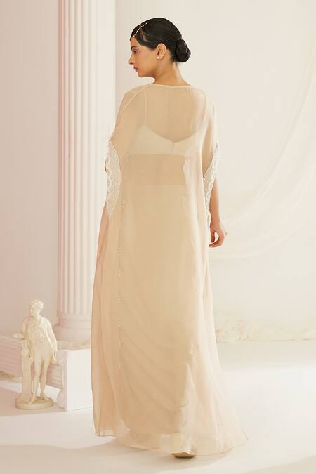 Kapda Dori Beige Satin Cut Work, Pearls, Sequins Sweetheart Hand Embroidered Cape Dhoti Set Online at Aza Fashions Kapda Dori_Beige Satin Cut Work, Pearls, Sequins Sweetheart Hand Embroidered Cape Dhoti Set _Online_at_Aza_Fashions