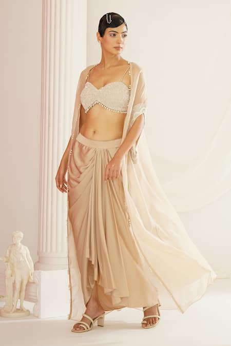 Buy Kapda Dori Beige Satin Cut Work, Pearls, Sequins Sweetheart Hand Embroidered Cape Dhoti Set Buy_Kapda Dori_Beige Satin Cut Work, Pearls, Sequins Sweetheart Hand Embroidered Cape Dhoti Set