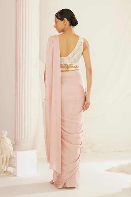 Kapda Dori Pink Net, Satin Pearls, Sequins, Stones, Cut Work Drop Pre-draped Saree Set Online at Aza Fashions Kapda Dori_Pink Net, Satin Pearls, Sequins, Stones, Cut Work Drop Pre-draped Saree Set _Online_at_Aza_Fashions