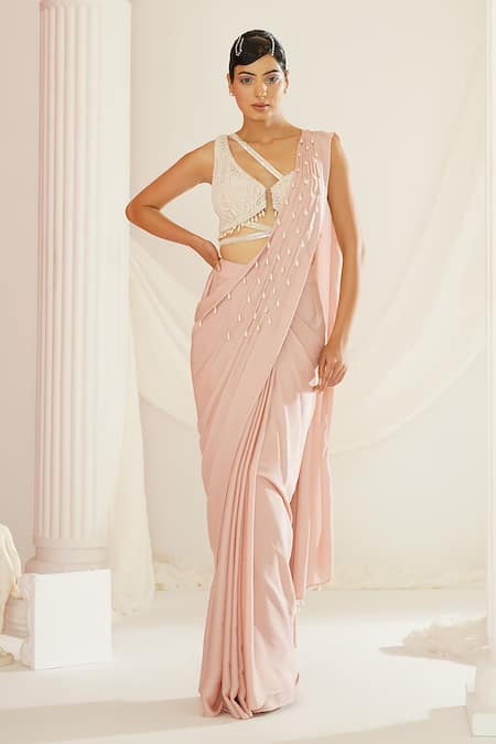 Buy Kapda Dori Pink Net, Satin Pearls, Sequins, Stones, Cut Work Drop Pre-draped Saree Set Online at Aza Fashions Buy_Kapda Dori_Pink Net, Satin Pearls, Sequins, Stones, Cut Work Drop Pre-draped Saree Set _Online_at_Aza_Fashions