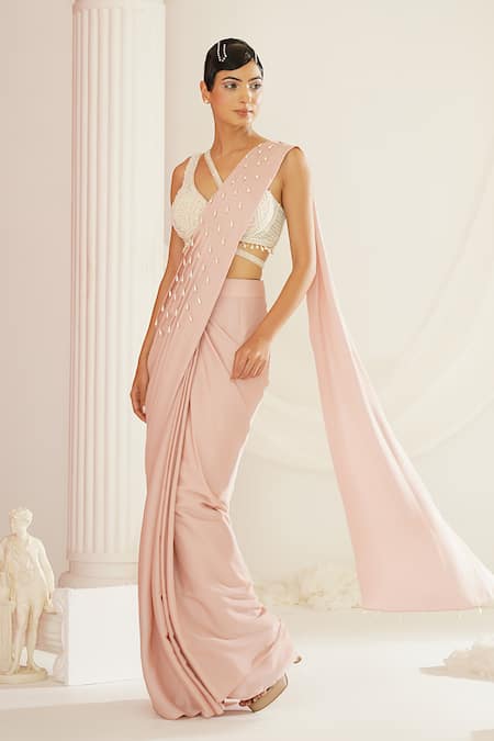 Buy Kapda Dori Pink Net, Satin Pearls, Sequins, Stones, Cut Work Drop Pre-draped Saree Set Buy_Kapda Dori_Pink Net, Satin Pearls, Sequins, Stones, Cut Work Drop Pre-draped Saree Set