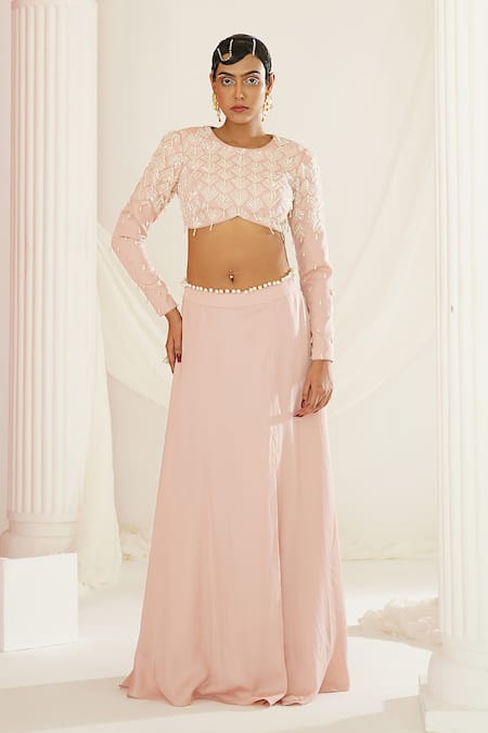 Buy_Kapda Dori_Pink Silk, Satin, Net Pearls, Sequins, Stones Hand Embroidered Blouse Skirt Set _Online_at_Aza_Fashions