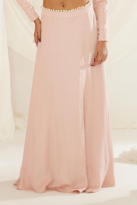 Shop_Kapda Dori_Pink Silk, Satin, Net Pearls, Sequins, Stones Hand Embroidered Blouse Skirt Set _Online_at_Aza_Fashions