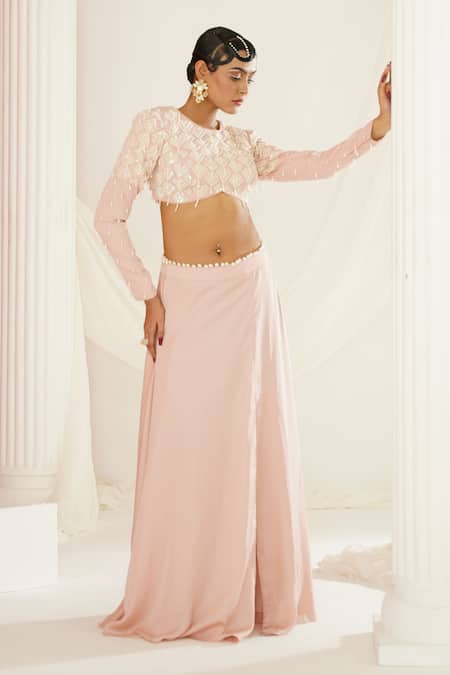Kapda Dori_Pink Silk, Satin, Net Pearls, Sequins, Stones Hand Embroidered Blouse Skirt Set _at_Aza_Fashions