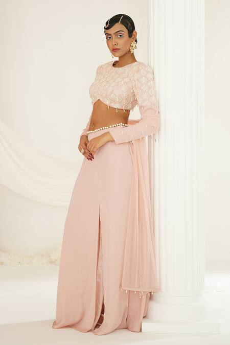 Buy_Kapda Dori_Pink Silk, Satin, Net Pearls, Sequins, Stones Hand Embroidered Blouse Skirt Set 