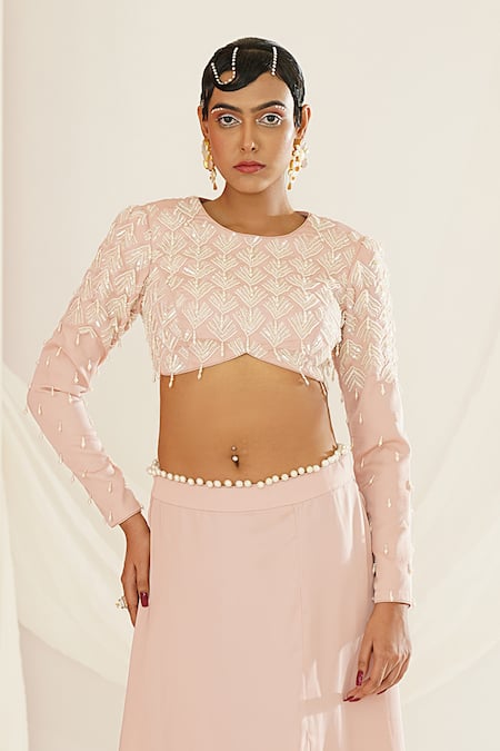 Shop_Kapda Dori_Pink Silk, Satin, Net Pearls, Sequins, Stones Hand Embroidered Blouse Skirt Set 