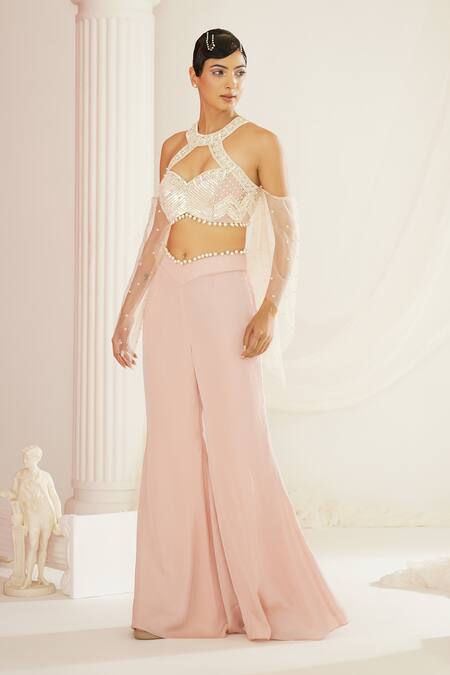Shop Kapda Dori Pink Net, Satin, Silk Pearls, Sequins, Hand Embroidered Blouse And Palazzo Set Shop_Kapda Dori_Pink Net, Satin, Silk Pearls, Sequins, Hand Embroidered Blouse And Palazzo Set
