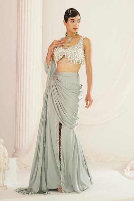 Shop Kapda Dori Green Silk, Satin Pearls, Sequins Polo Sage Pre-draped Saree And Blouse Set Online at Aza Fashions Shop_Kapda Dori_Green Silk, Satin Pearls, Sequins Polo Sage Pre-draped Saree And Blouse Set _Online_at_Aza_Fashions