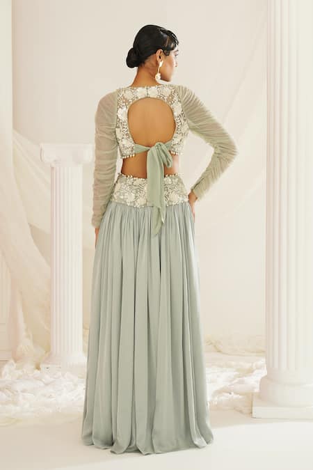 Kapda Dori Green Satin, Georgette Pearls, Floral Hand Embroidered Sage Lehenga Set Online at Aza Fashions Kapda Dori_Green Satin, Georgette Pearls, Floral Hand Embroidered Sage Lehenga Set _Online_at_Aza_Fashions