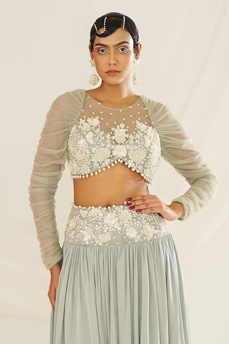Buy Kapda Dori Green Satin, Georgette Pearls, Floral Hand Embroidered Sage Lehenga Set Online at Aza Fashions Buy_Kapda Dori_Green Satin, Georgette Pearls, Floral Hand Embroidered Sage Lehenga Set _Online_at_Aza_Fashions