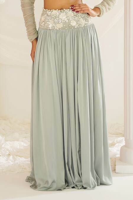 Shop Kapda Dori Green Satin, Georgette Pearls, Floral Hand Embroidered Sage Lehenga Set Online at Aza Fashions Shop_Kapda Dori_Green Satin, Georgette Pearls, Floral Hand Embroidered Sage Lehenga Set _Online_at_Aza_Fashions