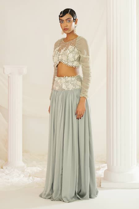 Kapda Dori Green Satin, Georgette Pearls, Floral Hand Embroidered Sage Lehenga Set at Aza Fashions Kapda Dori_Green Satin, Georgette Pearls, Floral Hand Embroidered Sage Lehenga Set _at_Aza_Fashions