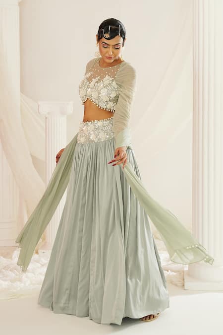 Buy Kapda Dori Green Satin, Georgette Pearls, Floral Hand Embroidered Sage Lehenga Set Buy_Kapda Dori_Green Satin, Georgette Pearls, Floral Hand Embroidered Sage Lehenga Set